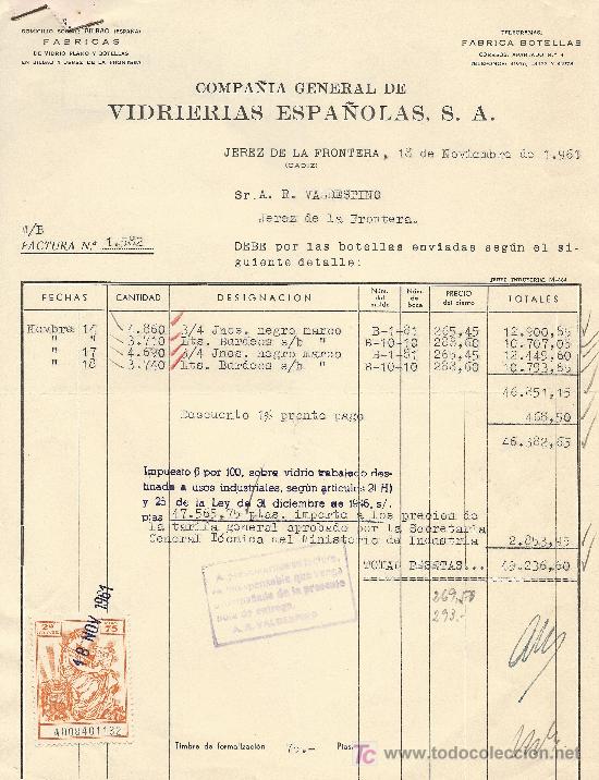 Cartas comerciales: JEREZ , 18 DE NOVIEMBRE DE 1961. CARTA COMERCIAL COMPA&Ntilde;IA GENERAL DE VIDRIERIAS ESPA&Ntilde;OLAS S.A
