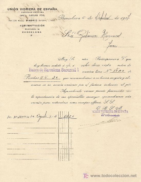 Cartas comerciales: BARCELONA 6 DE OCTUBRE DE 1917 CARTA COMERCIAL UNION VIDRIERA DE ESPA&Ntilde;A