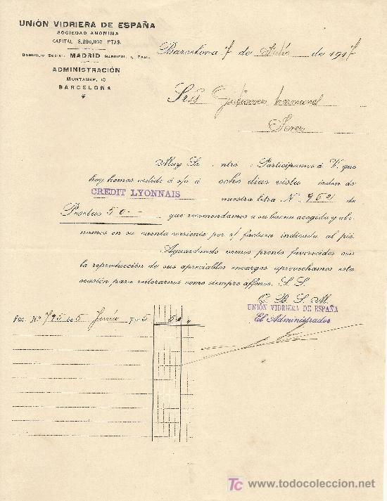Cartas comerciales: BARCELONA 7 DE JULIO DE 1917 CARTA COMERCIAL UNION VIDRIERA DE ESPA&Ntilde;A