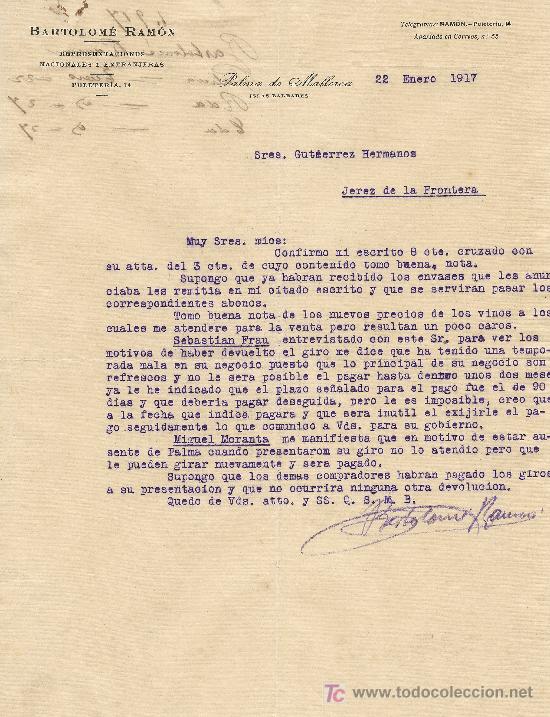 Cartas comerciales: PALMA DE MALLORCA 22 DE ENERO DE 1917 CARTA COMERCIAL BARTOLOME RAMON