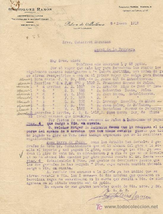 Cartas comerciales: PALMA DE MALLORCA 8 DE ENERO DE 1917 CARTA COMERCIAL BARTOLOME RAMON