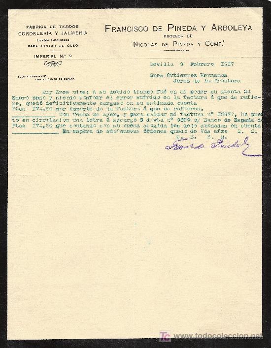 Cartas comerciales: SEVILLA 9 DE FEBRERO  DE 1917 CARTA COMERCIAL FRANCISCO DE PINEDA Y ARBOLEYA