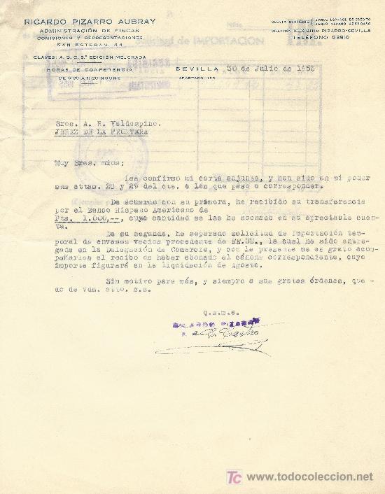 Cartas comerciales: SEVILLA 30 DE JULIO DE 1955 CARTA COMERCIAL RICARDO PIZARRO AUBRAY
