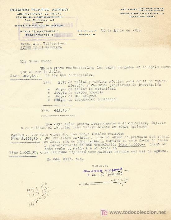 Cartas comerciales: SEVILLA 30 DE JULIO DE 1955 CARTA COMERCIAL RICARDO PIZARRO AUBRAY