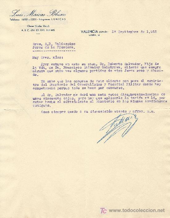 Cartas comerciais: VALENCIA 1 DE SEPTIEMBRE  DE 1955 CARTA COMERCIAL LUIS MAICAS BLASCO