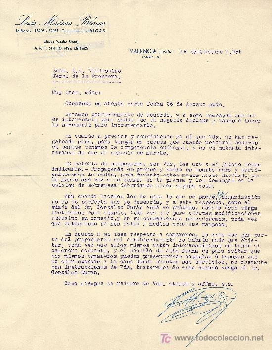 Cartas comerciais: VALENCIA 1 DE SEPTIEMBRE  DE 1955 CARTA COMERCIAL LUIS MAICAS BLASCO