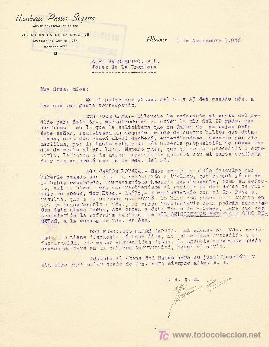 Cartas comerciais: ALICANTE 2 DE NOVIEMBRE 1946  CARTA COMERCIAL HUMBERTO PASTOR SEGARRA