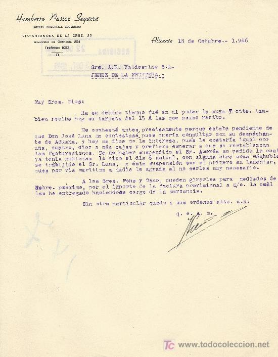 Cartas comerciais: ALICANTE 18 DE OCTUBRE 1946  CARTA COMERCIAL HUMBERTO PASTOR SEGARRA
