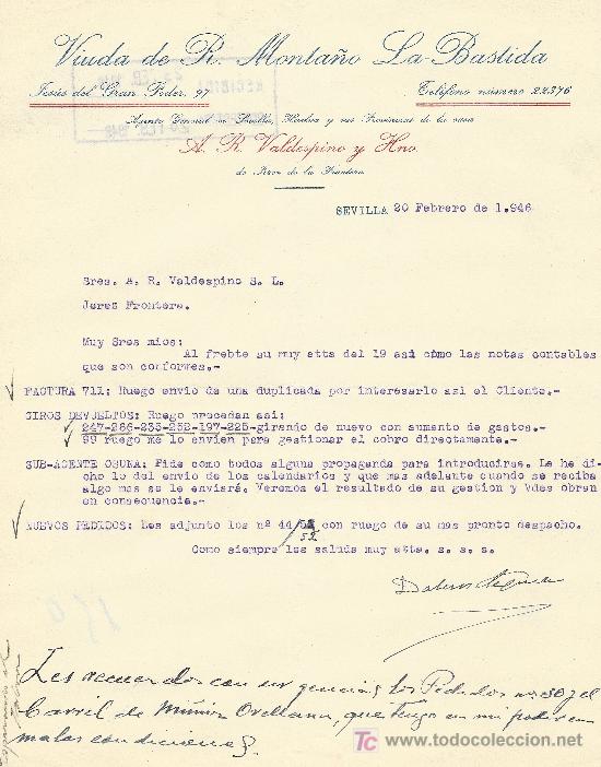 Cartas comerciais: SEVILLA 20 FEBRERO 1946  CARTA COMERCIAL VIUDA DE R. MONTA&Ntilde;O LA-BASTIDA