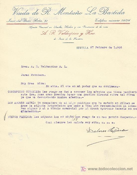 Cartas comerciais: SEVILLA 27 FEBRERO 1946  CARTA COMERCIAL VIUDA DE R. MONTA&Ntilde;O LA-BASTIDA