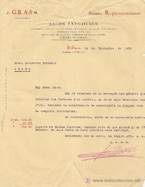 Cartas comerciales: BILBAO 10 DE DICIEMBRE DE 1925. CARTA COMERCIAL J.GRAS H. COMISIONES  SALON EXPOSICION