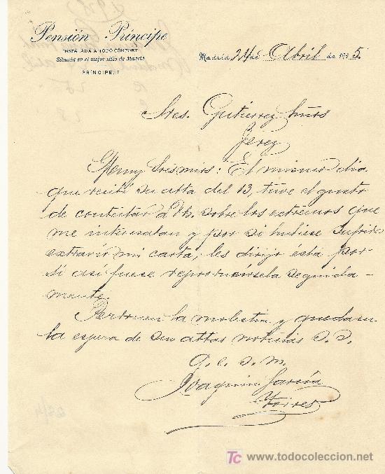 Cartas comerciales: MADRID 24 DE ABRIL DE 1925. CARTA COMERCIAL PENSION PRINCIPE INSTALADA A TODO CONFORT