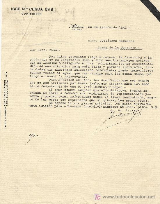 Cartas comerciales: ALBAIDA 22 DE AGOSTO  DE 1925. CARTA COMERCIAL JOSE M&ordf;. CERDA BAS COMISIONES
