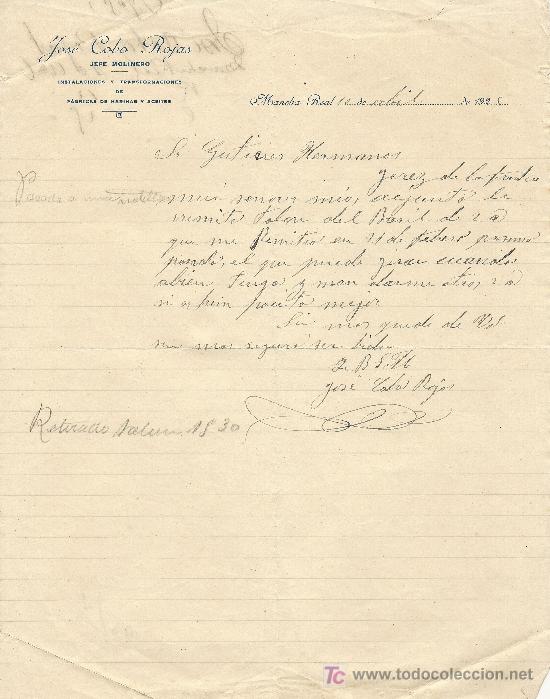 Cartas comerciales: MANCHA REAL 10 DE ABRIL DE 1925. CARTA COMERCIAL JOSE COBO ROJAS JEFE MOLINERO