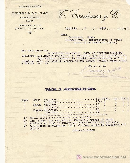 Cartas comerciales: LEBRIJA 9 DE MAYO DE 1925. CARTA COMERCIAL T.CARDENAS Y CIA.EXPORTACION DE TIERRAS DE VINO