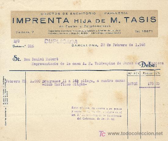Cartas comerciales: BARCELONA 28 DE FEBRERO DE 1946. CARTA COMERCIAL IMPRENTA HIJA DE M.TASIS DE FUSTER Y PUIGDOMENECH