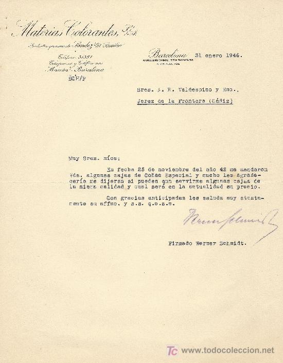Cartas comerciales: BARCELONA 31 DE ENERO DE 1946. CARTA COMERCIAL MATERIAS COLORANTES, S/A