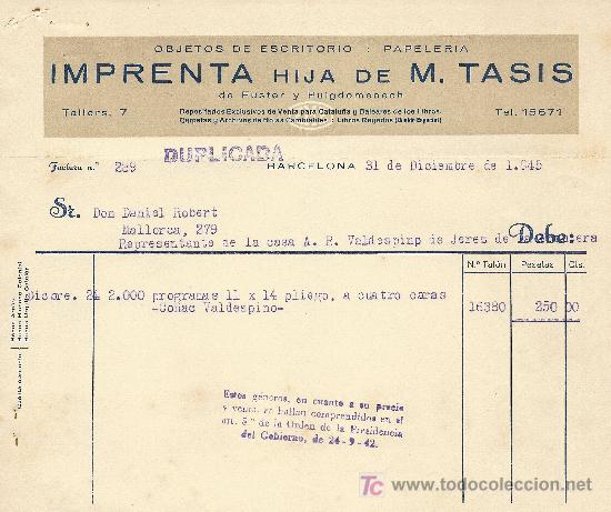 Cartas comerciales: BARCELONA 31 DE DICIEMBRE DE 1945. CARTA COMERCIAL IMPRENTA HIJA DE M TASIS DE FUSTER Y PUIGDOMENECH