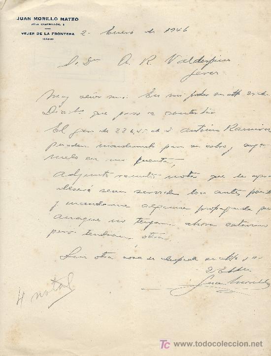 Cartas comerciales: VEJER DE LA FRONTERA 2 ENERO DE 1946. CARTA COMERCIAL JUAN MORILLO MATEO JOSE CASTRILLON, 2