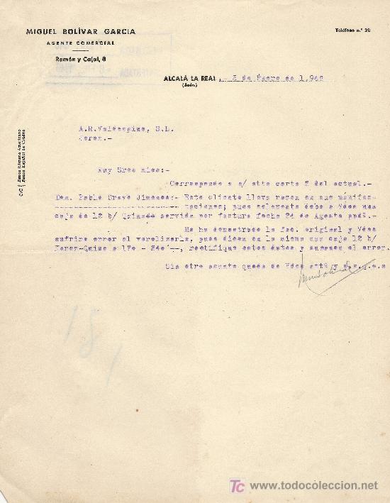 Cartas comerciales: ALCALA LA REAL 5 DE ENERO DE 1946. CARTA COMERCIAL MIGUEL BOLIVAR GARCIA AGENTE COMERCIAL