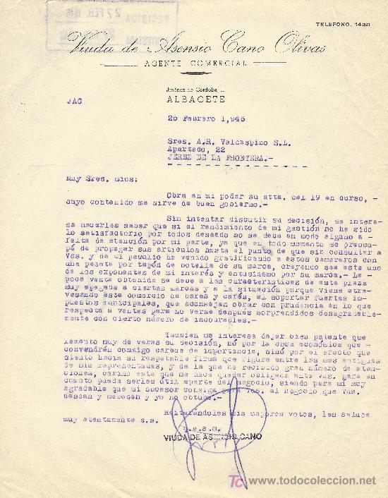 Cartas comerciales: ALBACETE 25 FEBRERO 1946. CARTA COMERCIAL VIUDA DE ASENSIO CANO OLIVAS AGENTE COMERCIAL