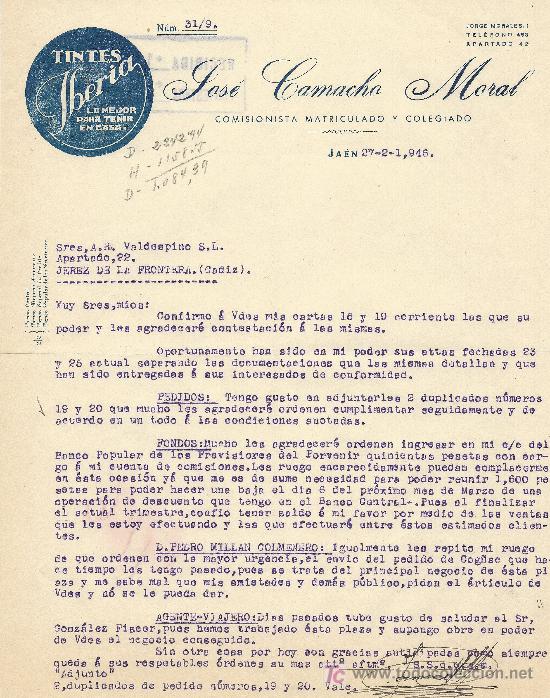 Cartas comerciales: JAEN 27 FEBRERO DE 1946. CARTA COMERCIAL JOSE CAMACHO MORAL  COMISIONISTA MATRICULADO Y COLEGIADO