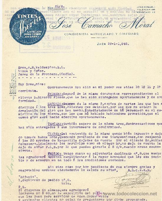 Cartas comerciales: JAEN 22 ENERO DE 1946. CARTA COMERCIAL JOSE CAMACHO MORAL  COMISIONISTA MATRICULADO Y COLEGIADO