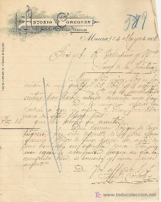 Cartas comerciales: MURCIA 9 DE JULIO DE 1901. CARTA COMERCIAL ANTONIO CORCOLES TELEGRAMAS CORCOLES