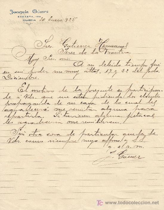 Cartas comerciales: MURCIA 30 DE ENERO 1925. CARTA COMERCIAL JOAQUIN GOMEZ SAGASTA MURCIA