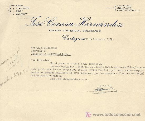 Cartas comerciales: CARTAGENA 12 DE NOVIEMBRE 1959.CARTA COMERCIAL JOSE CONESA HERNANDEZ AGENTE COMERCIAL COLEGIADO