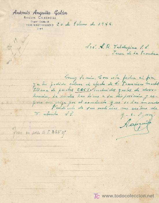 Lettere commerciali: TORREDONJIMENO 20 DE FEBRERO DE 1946.CARTA COMERCIAL ANTONIO ANGUITA GALAN AGENTE COMERCIAL