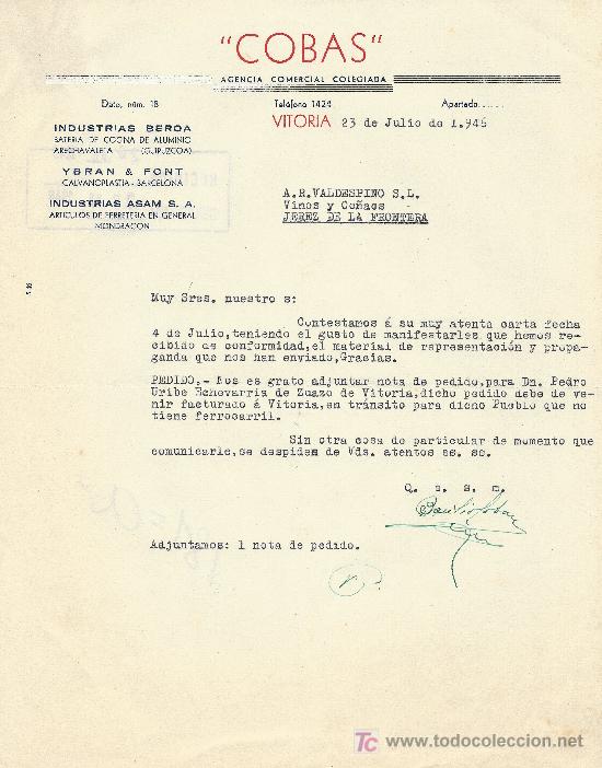 Cartas comerciais: VITORIA 23 DE JULIO DE 1946 .CARTA COMERCIAL COBAS AGENCIA COMERCIAL COLEGIADA