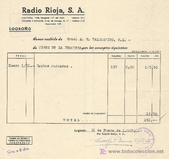 Cartas comerciales: LOGRO&Ntilde;O 31 DE ENERO DE 1962.CARTA COMERCIAL RADIO RIOJA, S.A