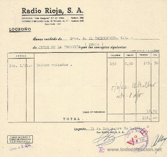 Cartas comerciales: LOGRO&Ntilde;O 31 DE ENERO DE 1961.CARTA COMERCIAL RADIO RIOJA, S.A
