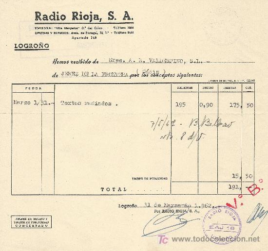 Cartas comerciales: LOGRO&Ntilde;O 31 DE MARZO DE 1962.CARTA COMERCIAL RADIO RIOJA, S.A