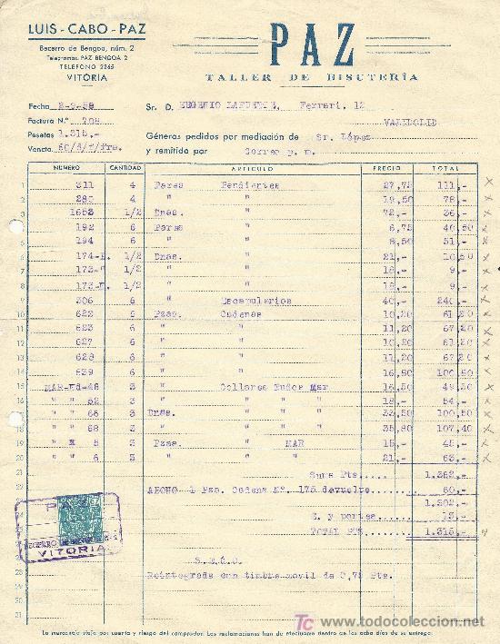 Cartas comerciais: VITORIA 2 DE SEPTIEMBRE DE 1958.CARTA COMERCIAL PAZ TALLER DE BISUTERIA PAZ