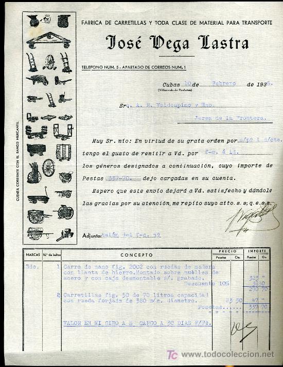 Cartas comerciales: FACTURA COMERCIAL, CUBAS VILLAVERDE DE PONTONES, FABRICAS DE CARRETILLAS