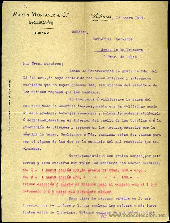 Lettere commerciali: CARTA COMERCIAL DE PALAMOS, GIRONA. MARTIN MONTANER & C&ordf;. 1917