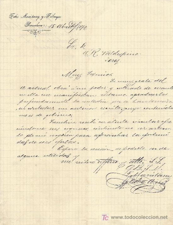 Cartas comerciais: BARCELONA 15 DE ABRIL DE 1892. CARTA COMERCIAL FELIZ MARISTANY Y FABREGAS
