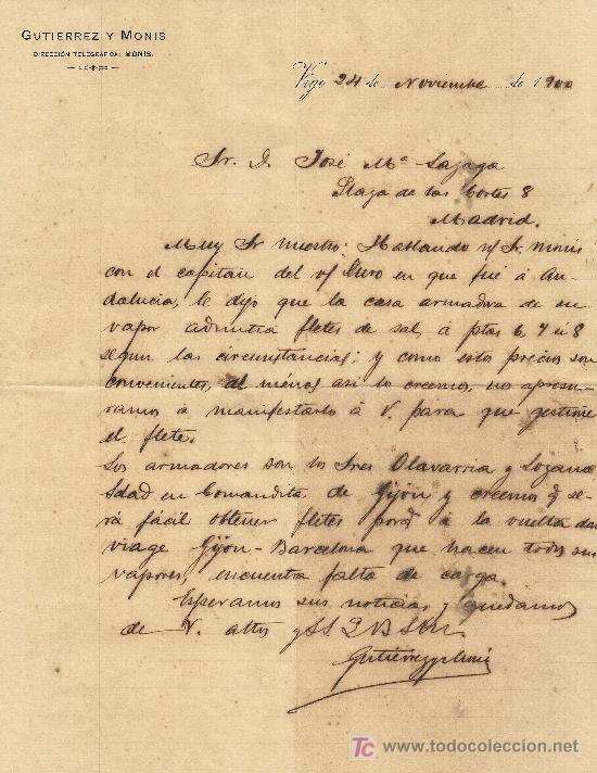 Commercial Letters: VIGO 24 DE NOVIEMBRE DE 1900. CARTA COMERCIAL GUTIERREZ Y MONIS DIRECCION TELEGRAFICA, MONIS