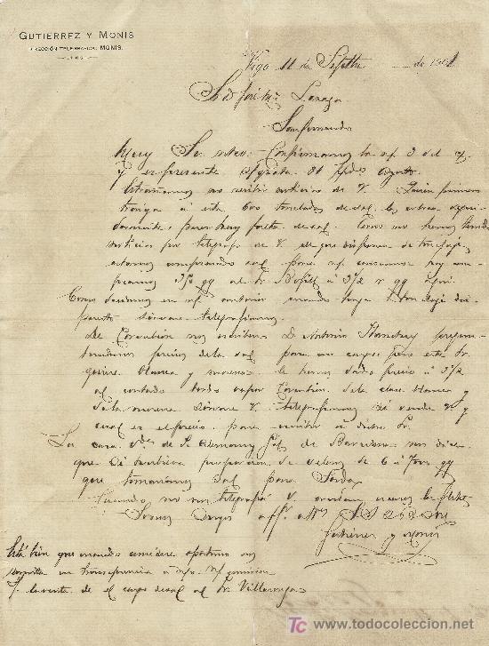 Commercial Letters: VIGO 11 DE SEPTIEMBRE DE 1901. CARTA COMERCIAL GUTIERREZ Y MONIS DIRECCION TELEGRAFICA, MONIS