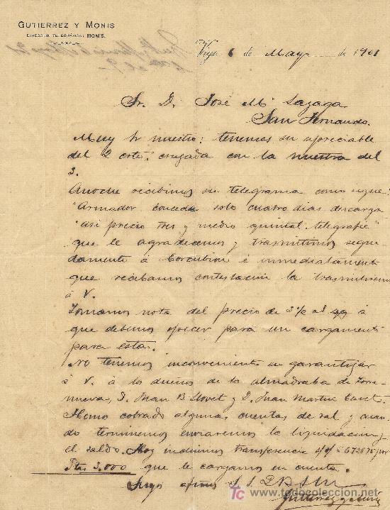 Commercial Letters: VIGO 6 DE MAYO DE 1901. CARTA COMERCIAL GUTIERREZ Y MONIS DIRECCION TELEGRAFICA, MONIS