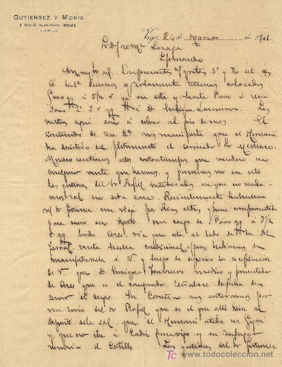 Commercial Letters: VIGO 24 DE MARZO DE 1901. CARTA COMERCIAL GUTIERREZ Y MONIS DIRECCION TELEGRAFICA, MONIS