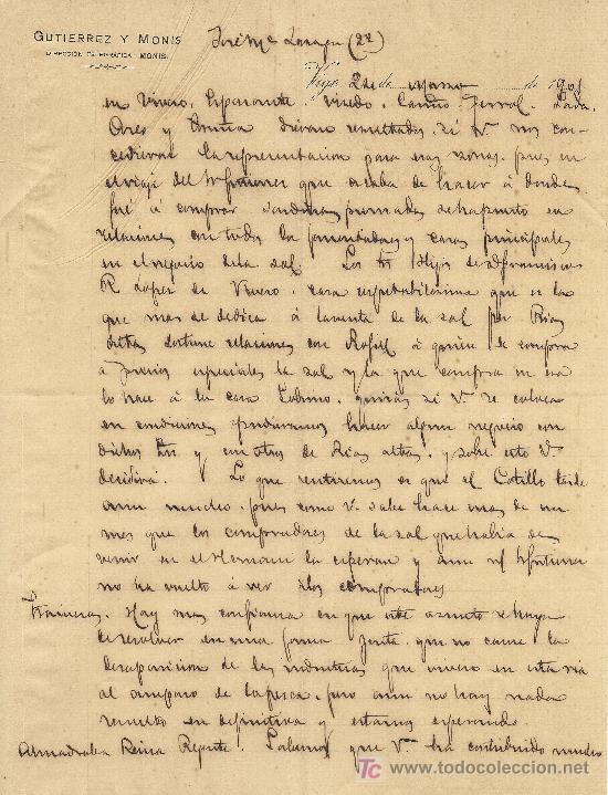 Commercial Letters: VIGO 24 DE MARZO DE 1901. CARTA COMERCIAL GUTIERREZ Y MONIS DIRECCION TELEGRAFICA, MONIS