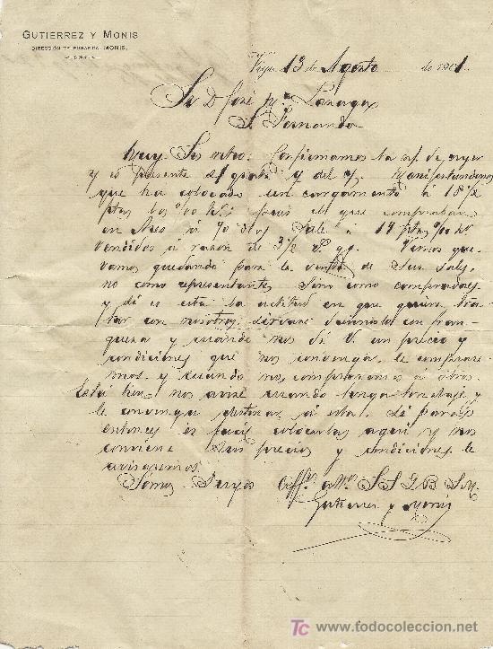 Commercial Letters: VIGO 13 DE AGOSTO DE 1901. CARTA COMERCIAL GUTIERREZ Y MONIS DIRECCION TELEGRAFICA, MONIS
