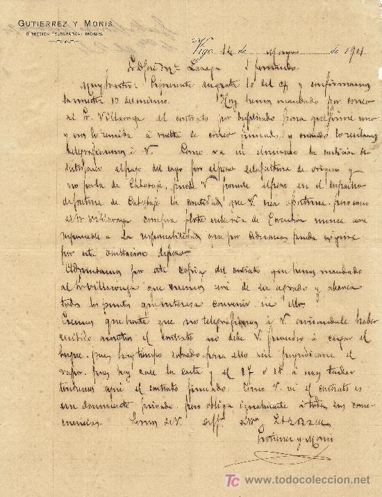Commercial Letters: VIGO 14 DE MAYO DE 1901. CARTA COMERCIAL GUTIERREZ Y MONIS DIRECCION TELEGRAFICA, MONIS