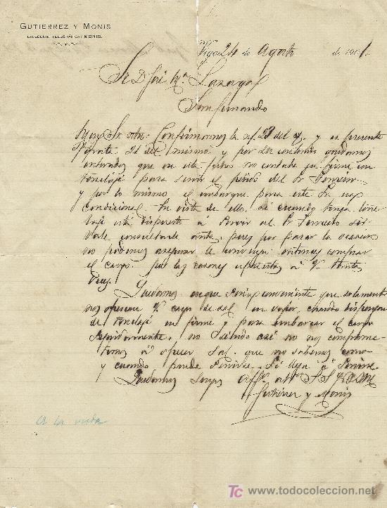Commercial Letters: VIGO 24 DE AGOSTO 1901. CARTA COMERCIAL GUTIERREZ Y MONIS DIRECCION TELEGRAFICA, MONIS.
