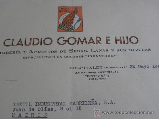 Cartas comerciales: Carta comercial a maquina Tintoreria sedas lana Claudio Gomar Hopitalet ( Barcelona) 1948