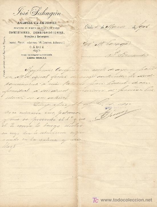 Cartas comerciales: CADIZ 1 DE MARZO DE 1905. CARTA COMERCIAL JOSE SAHAGUM AGENCIA DE ADUANA