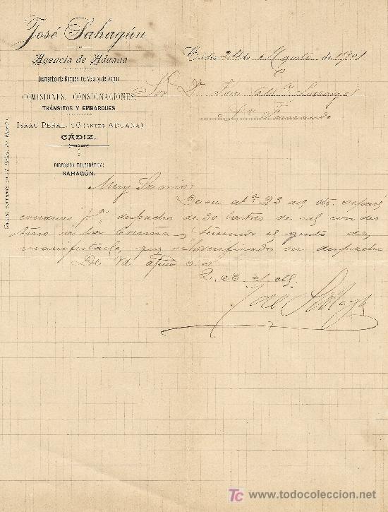 Cartas comerciales: CADIZ 24 DE AGOSTO DE 1901. CARTA COMERCIAL JOSE SAHAGUM AGENCIA DE ADUANA